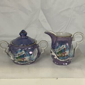 VTG JAPANESE KENMAR FLORIDA SOUVENIR SUGAR CREAMER SET PURPLE DRAGON LUSTERWARE